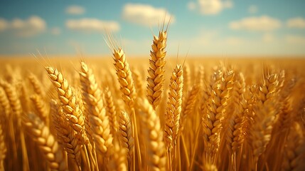 Fototapeta premium Close up of a golden wheat field under a blue sky