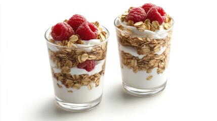 Two clear glasses showcasing layers of Greek yogurt, granola, and fresh raspberries, garnished with oatmeal flakes and nuts, on a clean white background.