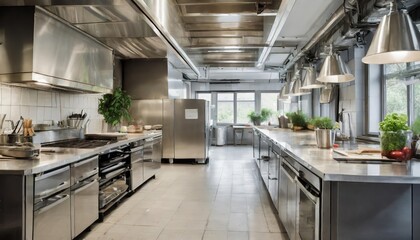 Modern empty restaurant kitchen equipped with high-grade stainless steel appliances, spacious countertops, and advanced professional tools, showcasing a clean, organized, and efficient