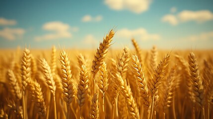 Fototapeta premium Close up of a golden wheat field under a blue sky