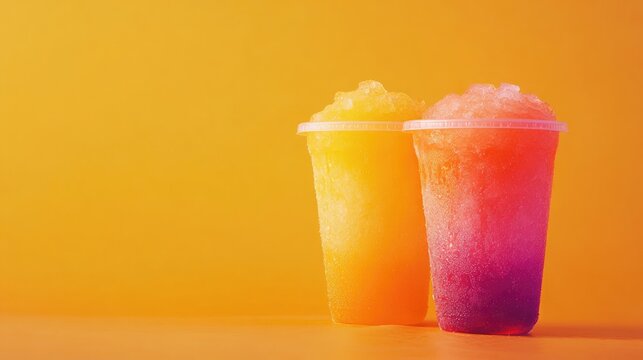 Vibrant fruity slushie drinks in clear cups against a gradient orange backdrop, showcasing refreshing frozen juice blends for summer enjoyment.
