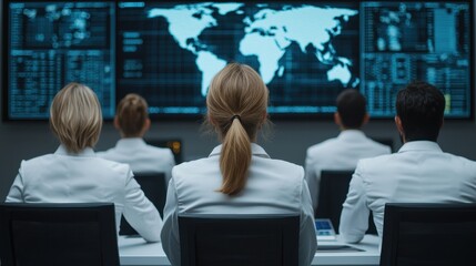 Professional team of data analysts monitoring global market trends in a high-tech office setting, focused on screens displaying financial information and world map visuals.