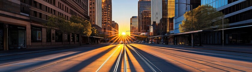 Fototapeta premium A sunset view along a city street with dramatic light rays and urban architecture.