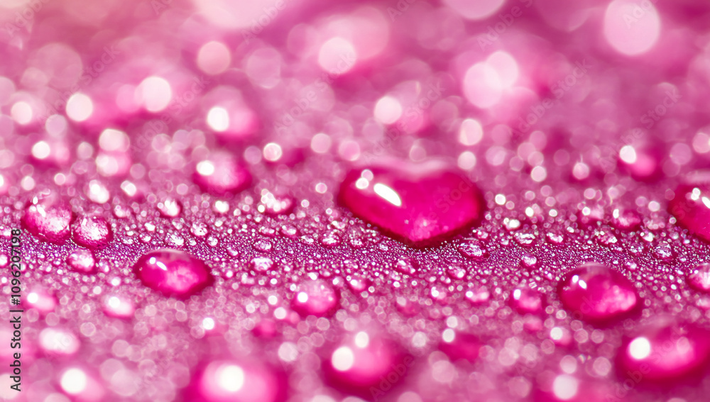 Poster close-up of pink droplets on a vibrant surface with heart-shaped reflection at dawn