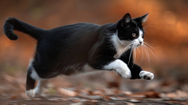 Playful Tuxedo Cat Chasing Its Tail in a Sunlit Room