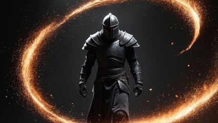 Warrior in dark armor with fierce expression amid flying embers.