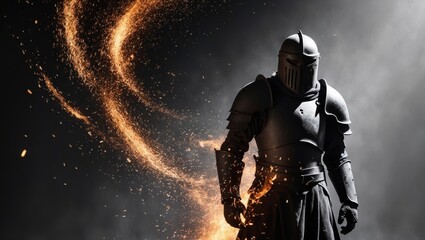 Fototapeta premium Warrior in dark armor with fierce expression amid flying embers.