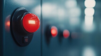 A close-up view of illuminated red buttons on a control panel, reflecting a modern, industrial technology environment.