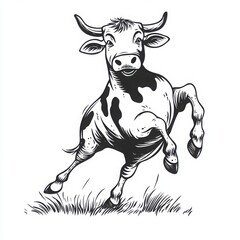 Fototapeta premium A simple vintage line art drawing of a cow dancing on one leg, in a minimalist and cartoon style. 