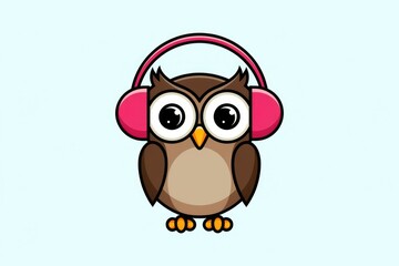 A cute cartoon owl wearing pink headphones.