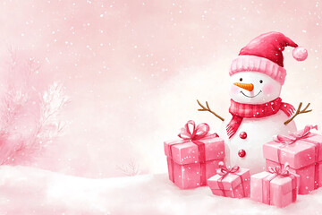 Winter wonderland with a cheerful snowman surrounded by pink Christmas gifts