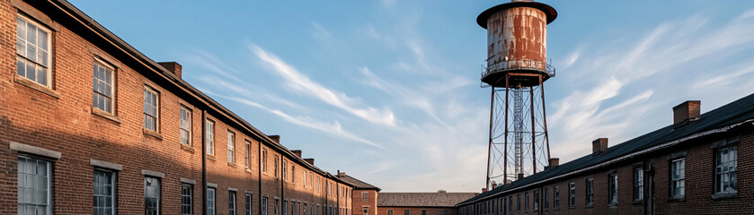 A Rusty Water Tower Stands Tall Against a Row of Brick Buildings, Their Windows Gazing Upward Towards the Open Sky.