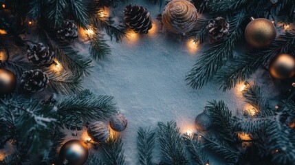 Festive Winter Scene with Christmas Ornaments, Pinecones, and Snowflakes in a Greenery Frame, Perfect for Holiday Celebrations and Seasonal Greetings