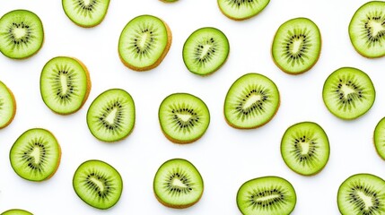 Fototapeta premium Freshly sliced kiwi fruit arranged on a clean white background, showcasing vibrant green flesh and distinctive black seeds.