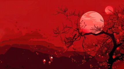 Red Mid Autumn Festival Background - A Captivating and Festive Visual Representation. The Vibrant Red Color of the Mid Autumn Festival Background, with Its Symbolic Elements like Lanterns and Mooncake