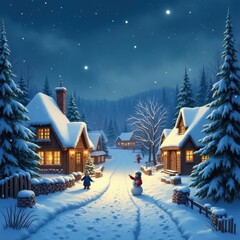 Magical Snowy Village at Night