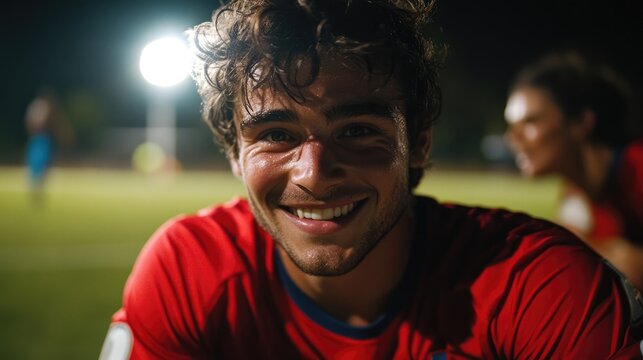 Cheerful athlete in a red jersey smiling directly at the camera, illuminated by night lights during an active soccer match on the field.