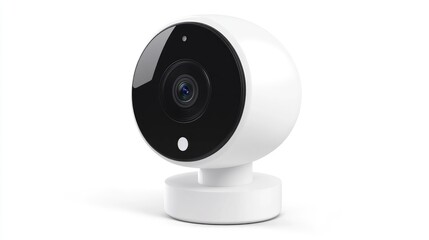 Round wireless security camera featuring a sleek black lens and white base on a clean white background, designed for home surveillance.