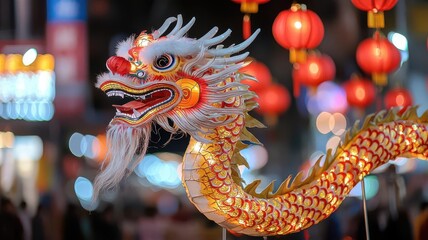 Fototapeta premium Chinese New Year celebration in China, with dragon dances, red lanterns, and fireworks lighting up the night Chinese New Year, dragon dance, lanterns