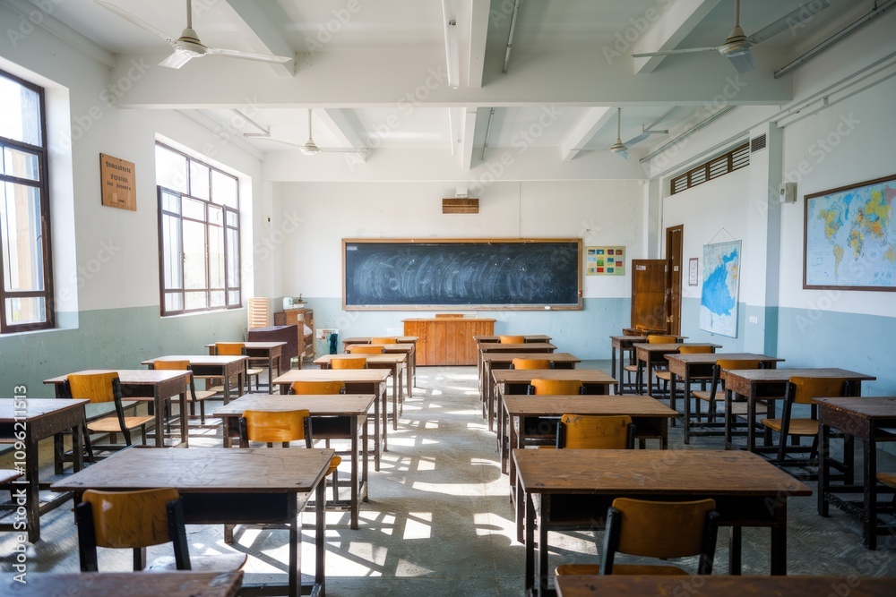 Aufkleber Empty classroom with desks and chairs arranged in rows facing a blackboard.