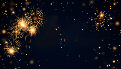 Naklejka premium Abstract firework background. Happy New Year Celebration Text with Festive Gold Fireworks Collage in Night Sky. Vintage Fireworks and bokeh in New Year's eve. 