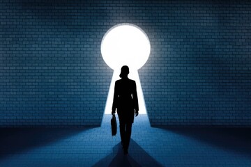 Obraz premium A woman walks through a keyhole shaped opening in a brick wall representing opportunity.
