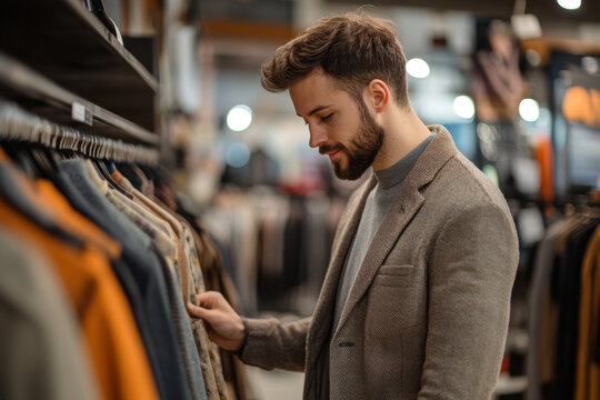 A young man exploring fashion choices in a stylish clothing store during a leisurely shopping trip