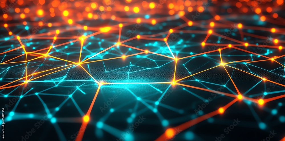 Poster Abstract representation of a network with glowing nodes in blue and orange colors.