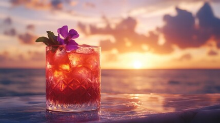 Cocktail mixology scene showcasing a colorful drink adorned with a flower, set against a stunning sunset over a tranquil ocean.