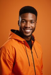 A smiling individual in an orange hoodie, warm-toned background, portrait photography, vibrant colors, studio lighting, fashionable casual wear, positive expression.
