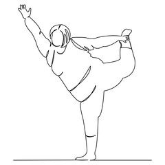 One continuous single drawing line art flat doodle yoga, young, woman, fitness, overweight, fat, obese. Isolated image hand draw contour on a white background
