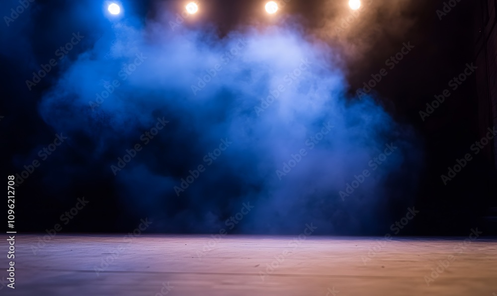Wall mural setting up a stage without actors illuminated by light and smoke, generative ai