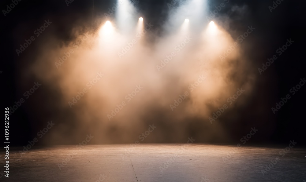 Wall mural setting up a stage without actors illuminated by light and smoke, generative ai