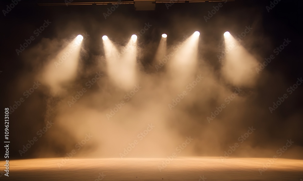 Wall mural setting up a stage without actors illuminated by light and smoke, generative ai