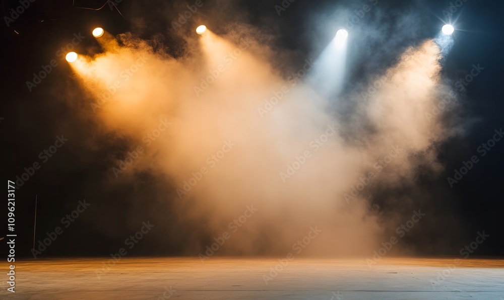 Wall mural setting up a stage without actors illuminated by light and smoke, generative ai