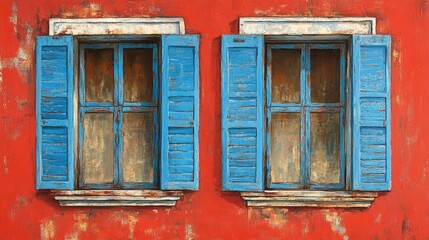 Fototapeta premium Vibrant red wall adorned with two distinctive blue shuttered windows, highlighting intricate architectural details and weathered textures.