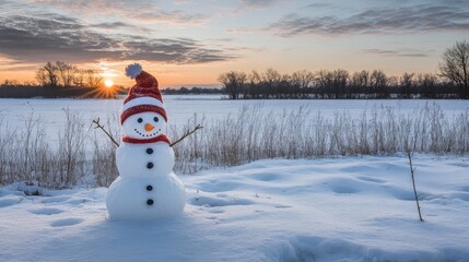 Obraz premium Cheerful snowman with a festive hat and scarf stands in a picturesque snowy landscape at sunset, surrounded by tranquil winter scenery.