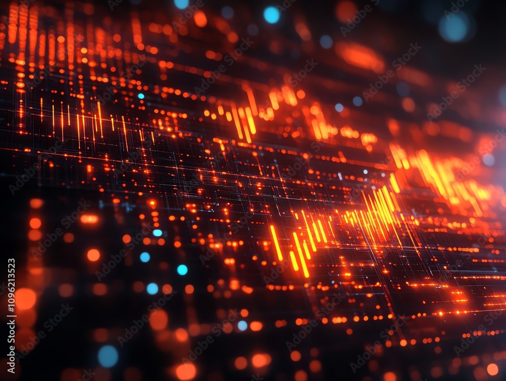 Poster Abstract digital visualization with glowing lines and dots, representing data flow and technology.