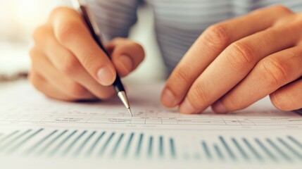 Close-up of Hands Holding Pen While Writing on Document with Business Graphs and Charts, Professional Workspace Environment for Financial Planning and Analysis