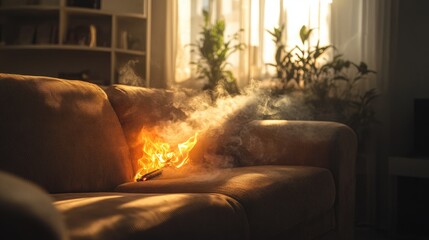 Fire hazard in apartment with burning cigarette on sofa highlighting the urgent need for fire safety measures and insurance awareness in residential settings