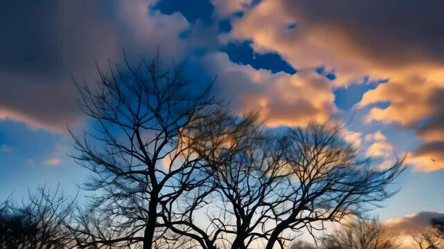 Dramatic sunset silhouette of bare trees against a vibrant, colorful sky.  Perfect for illustrating themes of nature, transition, and the changing seasons.
