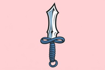 Fototapeta premium A silver dagger with a blue rope handle against a pink background.