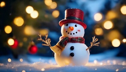 Snowman on a front yard of idyllic house decorated with lights and garlands for Christmas