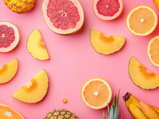 Bright and vibrant tropical fruits arranged artistically on a pink background