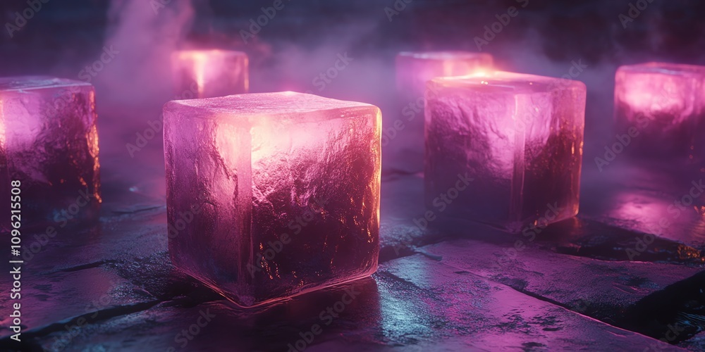 Poster a mystical scene featuring glowing ice cubes surrounded by mist.