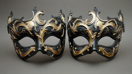 Elegant black and gold masquerade masks with intricate decorative details, showcasing sophistication and artistry in their design.