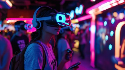 Woman in VR Headset in Neon Arcade