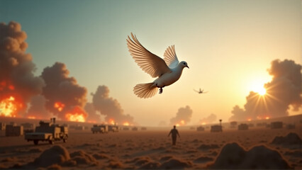 Fototapeta premium Conflict zone with smoke and flames at sunset as birds fly overhead, illustrating hope and resilience in challenging times