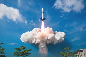 A rocket launches into the blue sky  leaving a trail of white smoke.