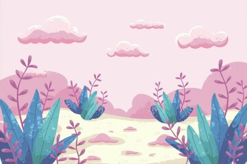 Obraz premium A whimsical illustration of a pink sky with clouds and lush greenery in a meadow